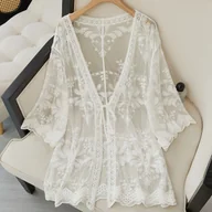 Swetry damskie - TEMU Kardigan Kimono z Koronką w Stylu Boho dla Kobiet - Lekki, Szydełkowy Pokrowiec Plażowy z Haftem Kwiatowym, Luźny Krój z Półrękawami na Wiosnę/, - miniaturka - grafika 1