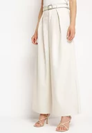 Spodnie damskie - Jasnobeżowe Spodnie z Szerokimi Nogawkami Palazzo i Paskiem z Klamrą Pietalina - miniaturka - grafika 1