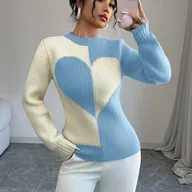 Swetry damskie - TEMU Damski Sweter w Kolorze Turkusowym z Sercem – Elegancki Sweter z Półgolfem, Dużym Wycięciem w Kształcie , Kołnierzem i Miękkim Niebieskim - miniaturka - grafika 1