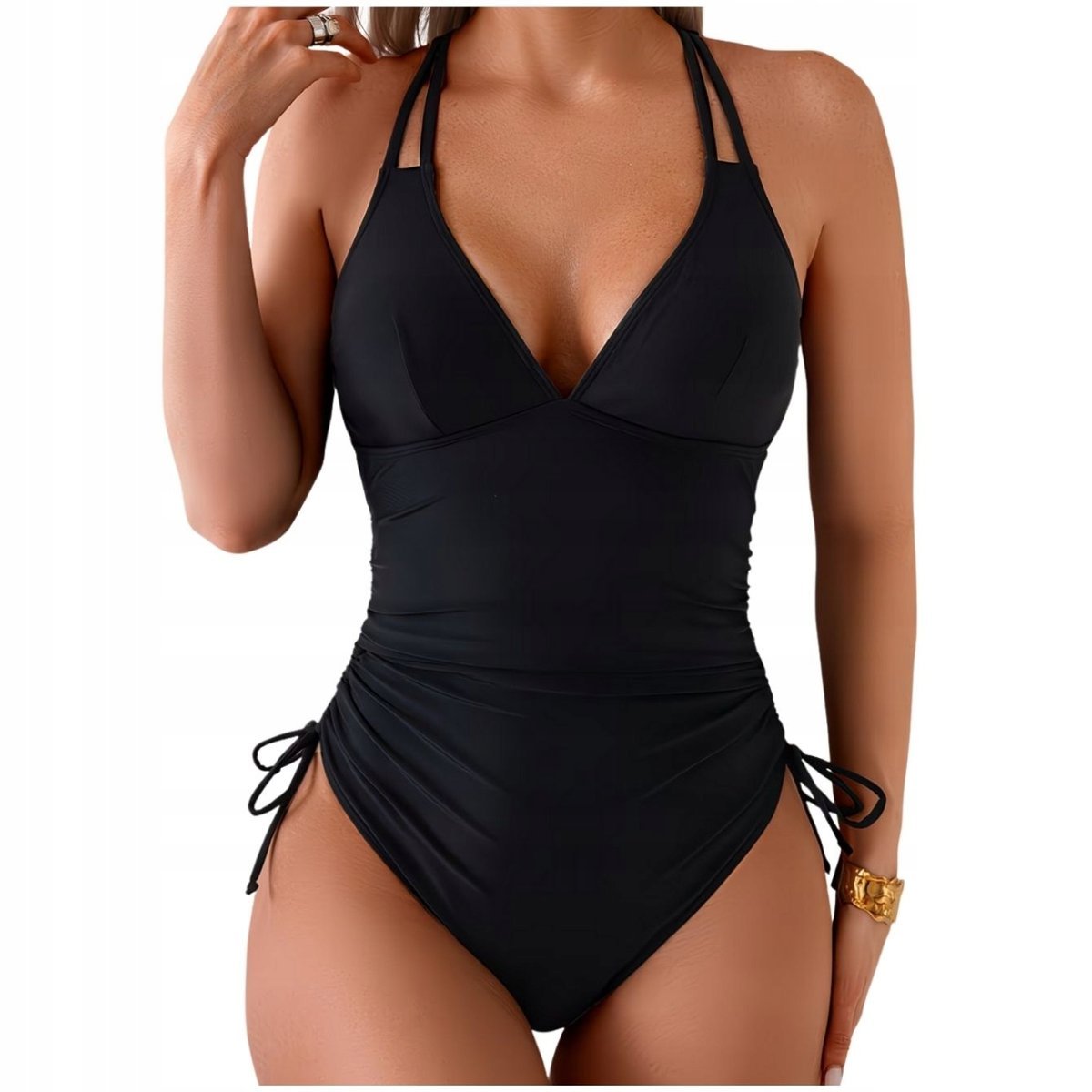 WYSZCZUPLAJĄCY CZARNY STRÓJ KĄPIELOWY JEDNOCZĘŚCIOWY DAMSKI KOSTIUM MONOKINI M 38