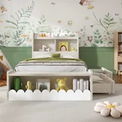 Łóżka dla dzieci i młodzieży - Łóżko dziecięce pojedyncze z szufladami, półką i ławeczką z miejscem do przechowywania, 90x200 cm, białe, z wykończeniem z drewna dębowego. - miniaturka - grafika 1