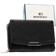 Portfele - Portmonetka damska na zatrzask i suwak ROVICKY mały portfel karty gotówka ochrona RFID elegancki czarny - miniaturka - grafika 1