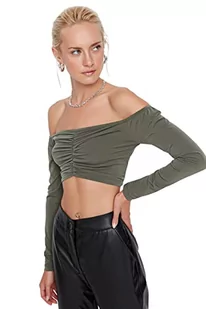 Trendyol Damska dopasowana bodycon Carmen kołnierz dzianinowa bluzka koszula, Khaki, M - Body - miniaturka - grafika 1