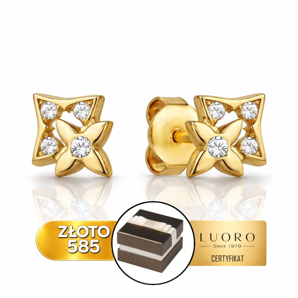 KOLCZYKI ZŁOTE 585 14K KWIATEK CYRKONIE SZTYFT DELIKATNE 7 MM 5 MM