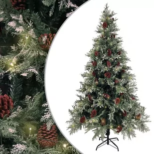 vidaXL Choinka z lampkami LED i szyszkami, zielona, 195 cm, PVC i PE - Choinki - miniaturka - grafika 1