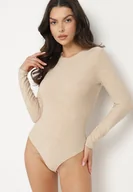 Body - Jasnobeżowe Body z Wiskozą o Klasycznym Kroju z Długim Rękawem Nindariela - miniaturka - grafika 1