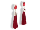 Kolczyki - Klipsy do uszu długie wiszące srebrne bordowe sznurki - miniaturka - grafika 1