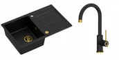 Zlewozmywaki z baterią - Quadron Zlewozmywak granitowy jednokomorowy 78*50*22 cm z ociekaczem MORGAN 111 PURE CARBON czarny ze złotym odpływem z baterią JODIE Q LINE SLIM PURE CARBON kolor czarny mat/wykończenie złote - miniaturka - grafika 1