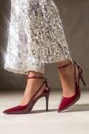 Czółenka - Bordowe czółenka damskie lakierowane szpilki wycięcia na cholewce pasek wokół kostki Carla 641-8 - miniaturka - grafika 1