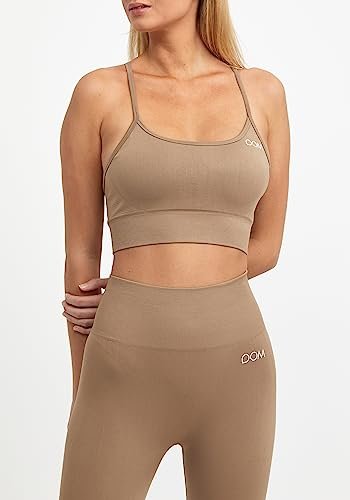 Drop of Mindfulness Maya Biustonosz sportowy bezszwowy ciemnopolski brązowy z regulowanymi ramiączkami damski, chowane wstawki Top sportowy, biustonosz treningowy Beiga wyściełany, XS-XL