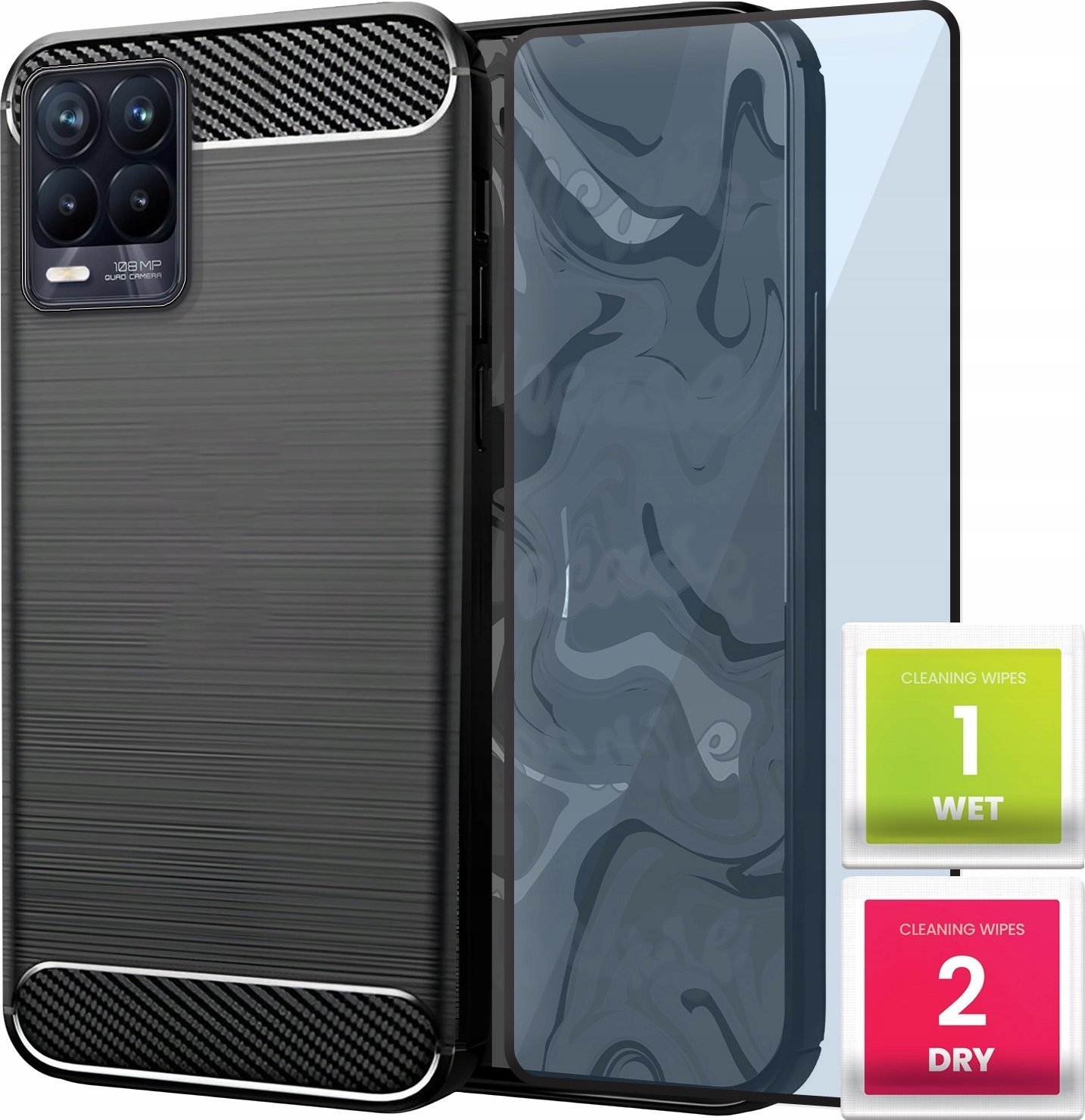 Etui do Realme 8 / 8 Pro Czarne, Karbon, Pancerne, Pokrowiec Szkło 9H