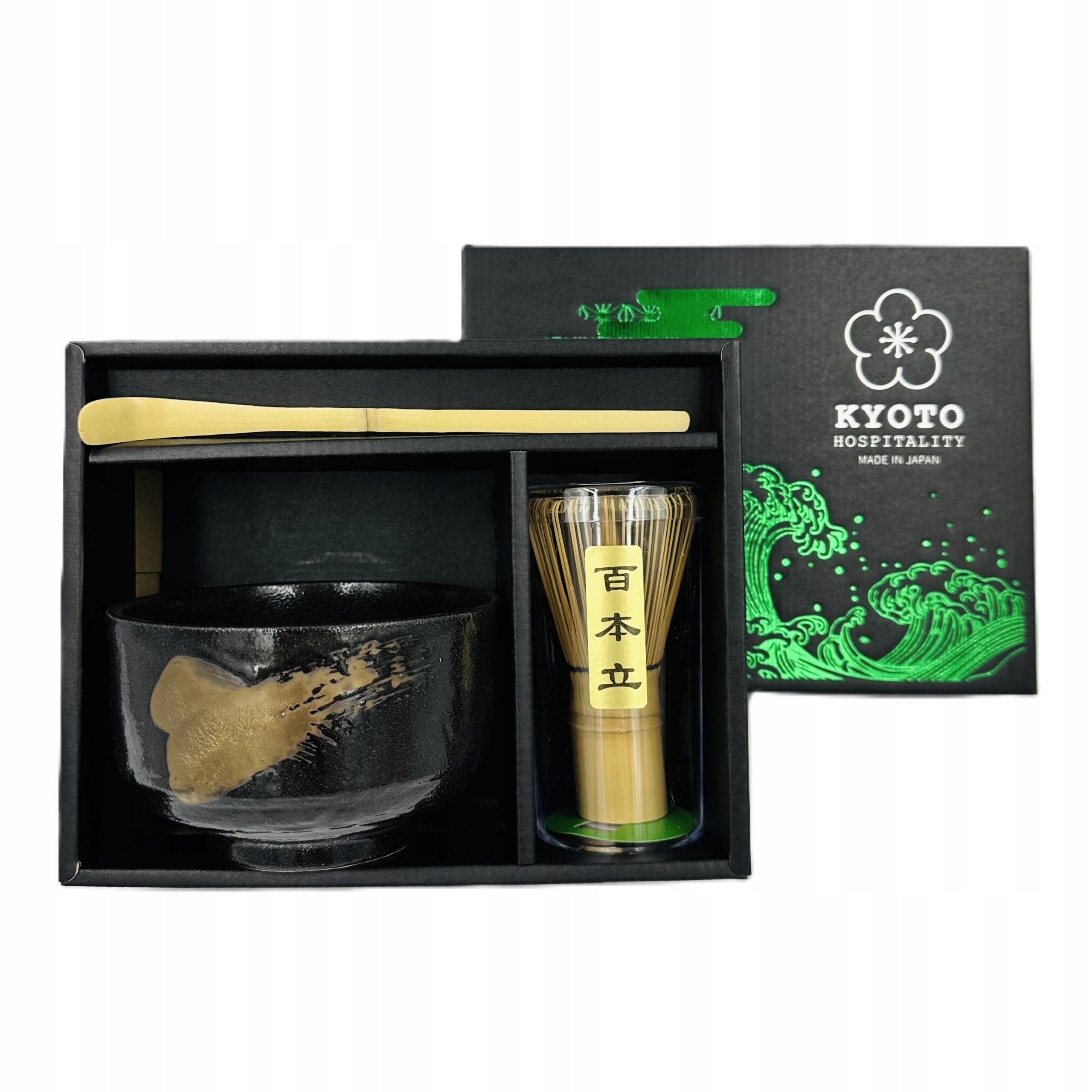 Zestaw do matchy Chawan czarno złota czarka Chasen Chashaku pudełko