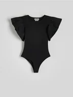 Koszulki i topy damskie - Reserved - Body z falbanami - czarny - miniaturka - grafika 1