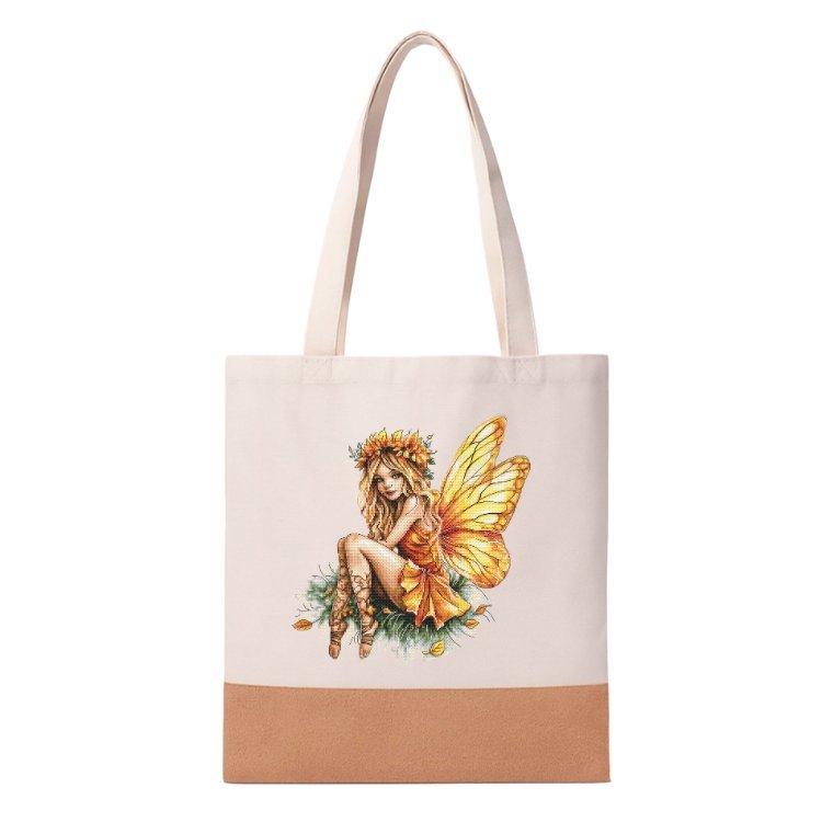 Ekologiczna torba z lnu i korka z nadrukiem haftu - Pomarańczowa wróżka