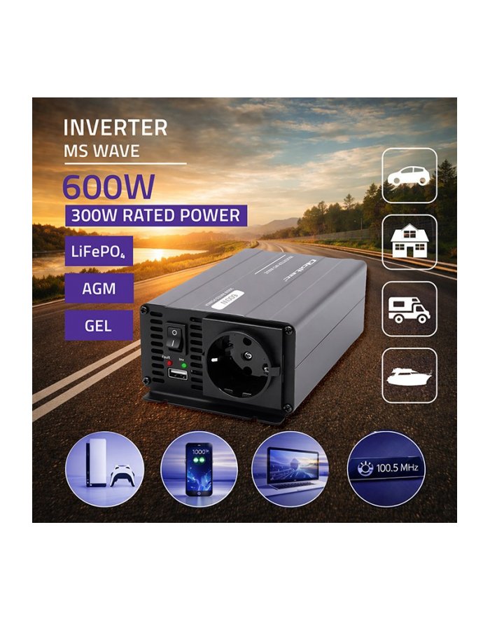 qoltec Przetwornica napięcia MS Wave 12V na 230V 300/600W