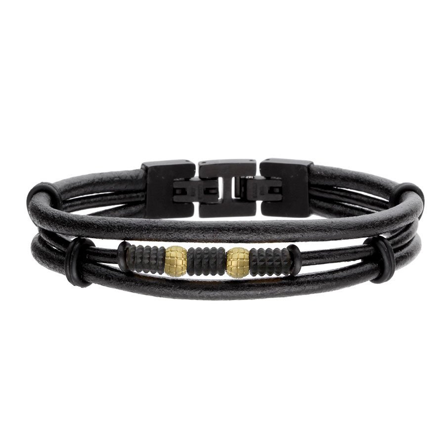 Złote i czarne koraliki na rzemieniach rockowa bransoletka męska