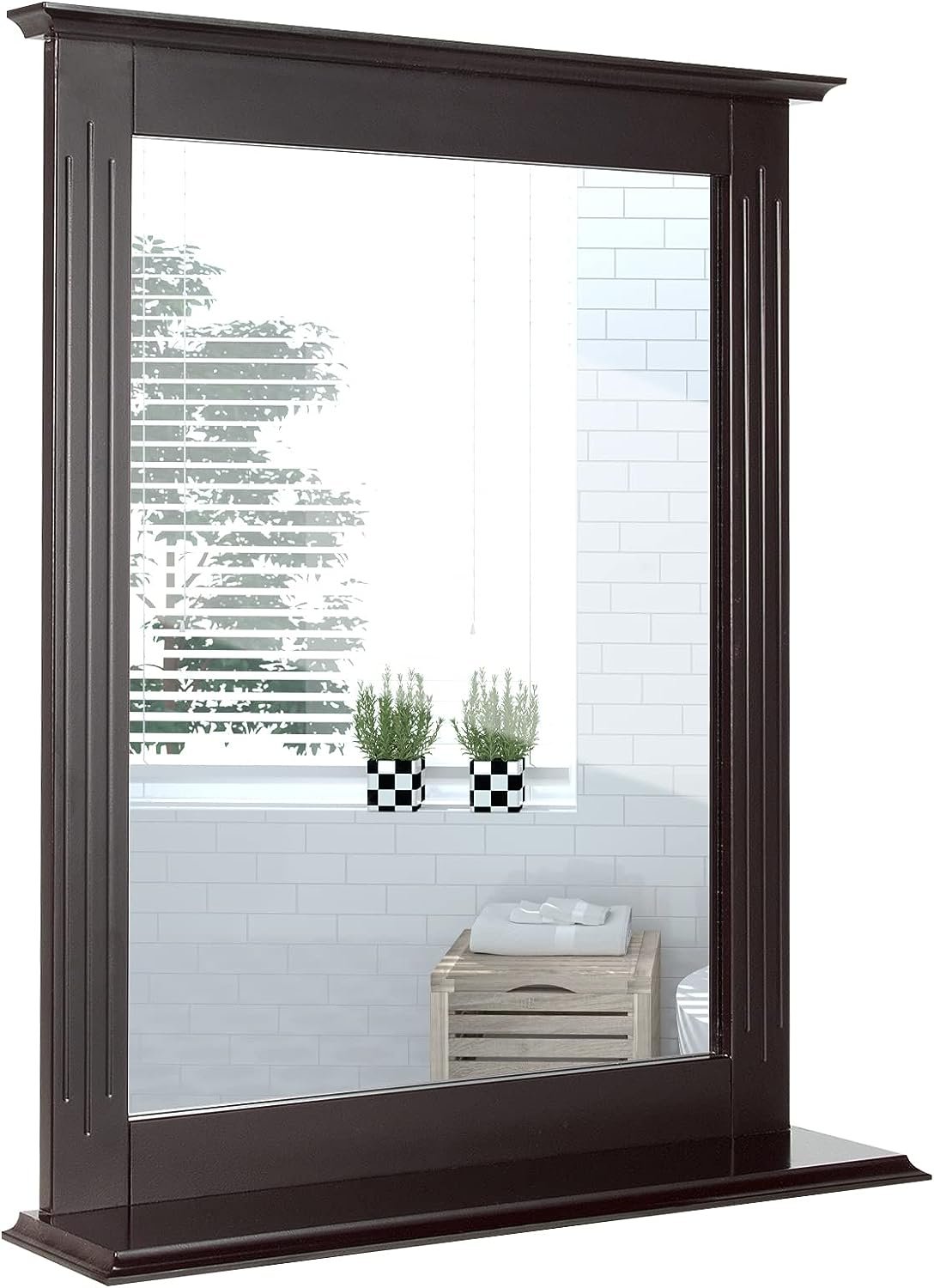 COSTWAY Lustro łazienkowe z półką, lustro łazienkowe prostokątne, 68,5 x 57 x 12 cm, lustro ścienne, lustro wiszące brązowe, lustro łazienkowe