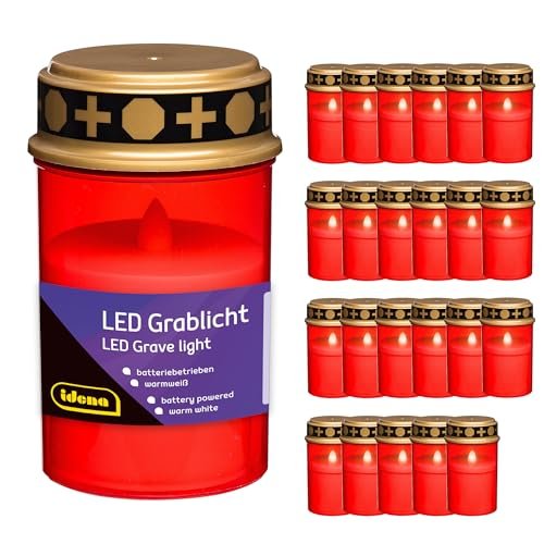 Idena 90394 - Znicze nagrobne LED z pokrywką, 24 sztuki po 6,5 x 12 cm, plastikowe znicze nagrobne w kolorze czerwonym i złotym, zasilane bateryjnie znicze żałobne do użytku zewnętrznego