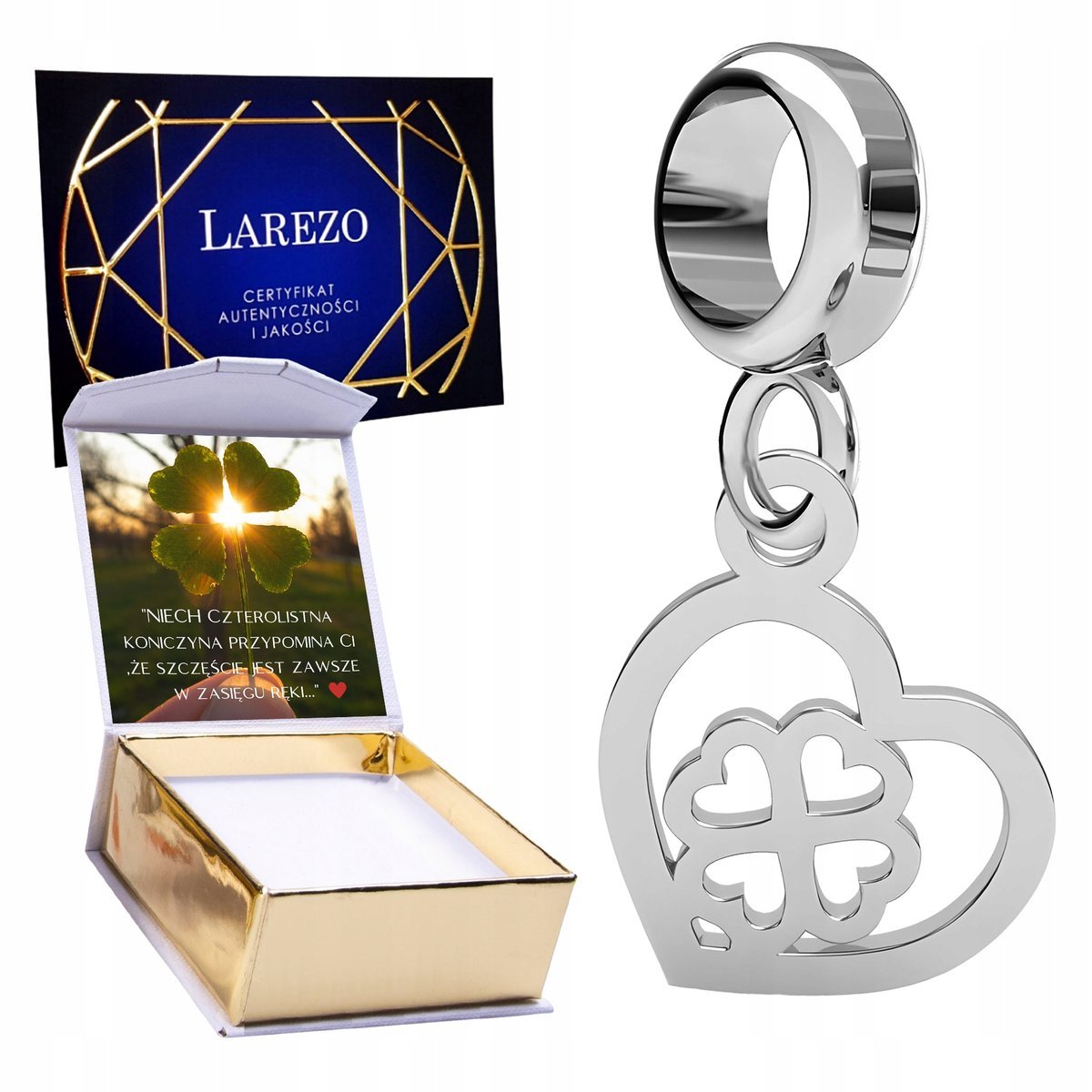 CHARMS SREBRNY Wiszący Serce z Czterolistną Koniczyną na Szczęście + NADRUK