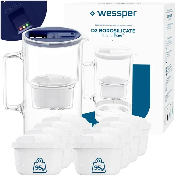 Dzbanek filtrujący szklany Wessper D2 BOROSILICATE FF 3l granat + 9x filtr