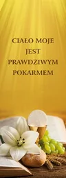Baner na Pierwszą Komunię Świętą "Ciało moje jest prawdziwym pokarmem" 75x200 cm - Ikony i obrazy sakralne - miniaturka - grafika 1