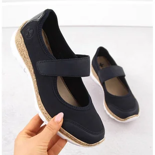 Komfortowe buty damskie na rzep granatowe Rieker N42B0-14 niebieskie - Baleriny - miniaturka - grafika 1