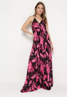 Sukienki - Czarno-Różowa Letnia Sukienka Maxi w Kwiatowy Wzór o Rozkloszowanym Dole z Wiskozy Heviana - grafika 1