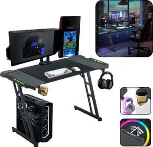 LZQ Biurko dla graczy Biurko dla graczy z uchwytem na kubek i haczykiem na słuchawki 140x60x74 cm Biurko komputerowe Biurko PC Ergonomiczne biurko dla graczy do domowego biura (z diodą LED) - Biurka gamingowe - miniaturka - grafika 1