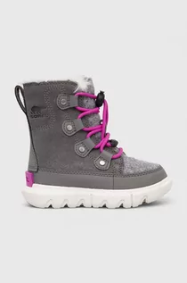 Buty dla dziewczynek - Sorel śniegowce dziecięce CHILDRENS SOREL EXPLORER LACE WP kolor szary - grafika 1