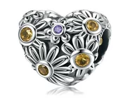 Charmsy - Pandora Valerio.pl Rodowany srebrny charms serce heart kwiatki flowers cyrkonie srebro 925 BEAD150 BEAD150 - miniaturka - grafika 1