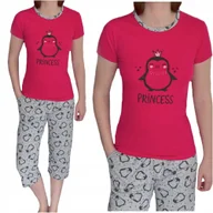 Piżamy damskie - PIŻAMA DAMSKA BAWEŁNIANA NADRUK PINGWIN KRÓTKI RĘKAW MIEKKA FUKSJA M - miniaturka - grafika 1