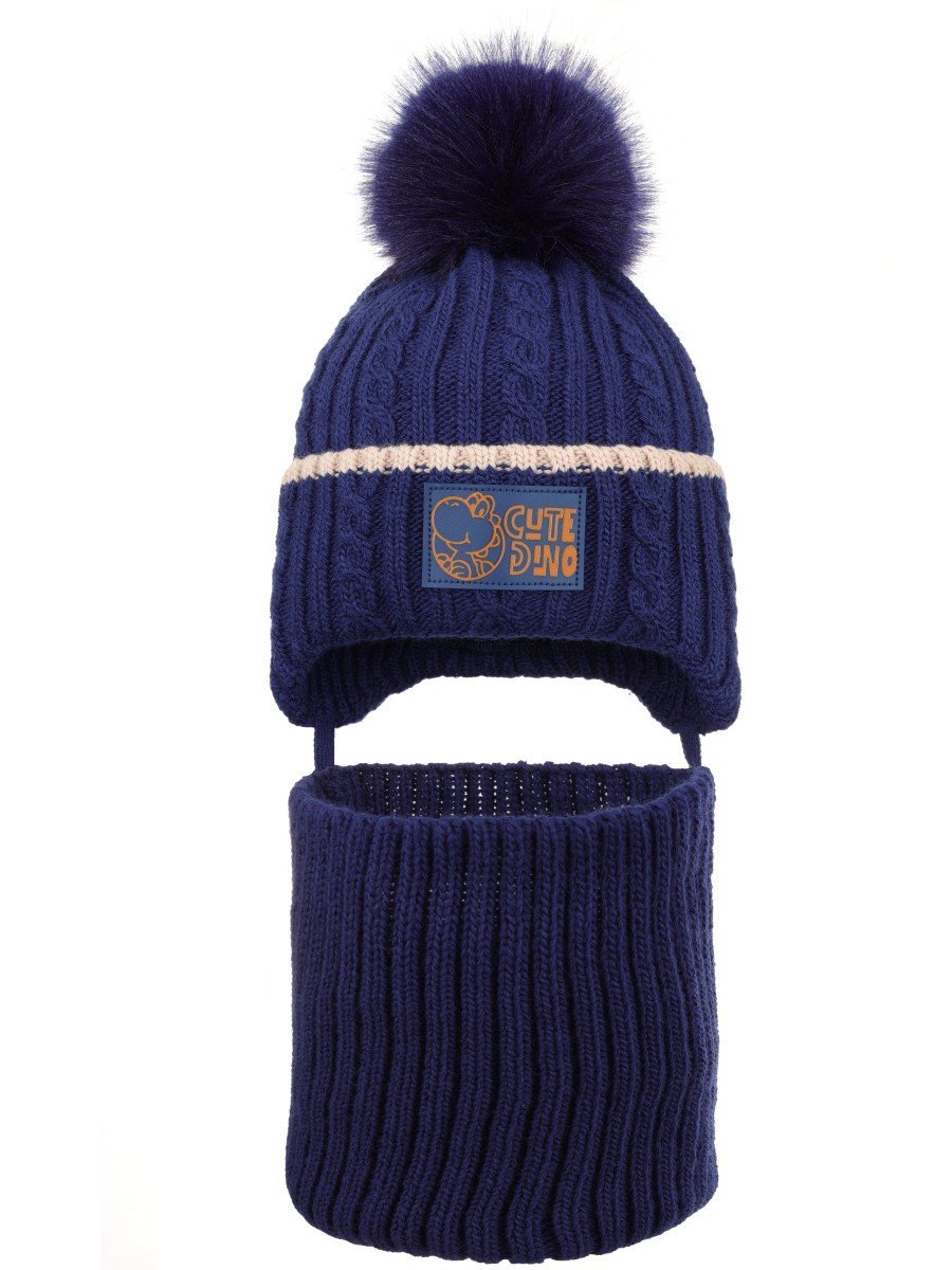 Chłopięcy komplet zimowy czapka i komin dino granatowy Ambra Biz r.46/48