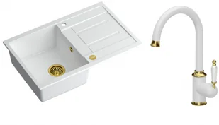 Quadron Zlewozmywak granitowy jednokomorowy 78*50*22 cm z ociekaczem MORGAN 111 SNOW WHITE ze złotym odpływem z baterią RACHEL Q LINE SNOW WHITE kolor biały mat/wykończenie złote - Zlewozmywaki z baterią - miniaturka - grafika 1