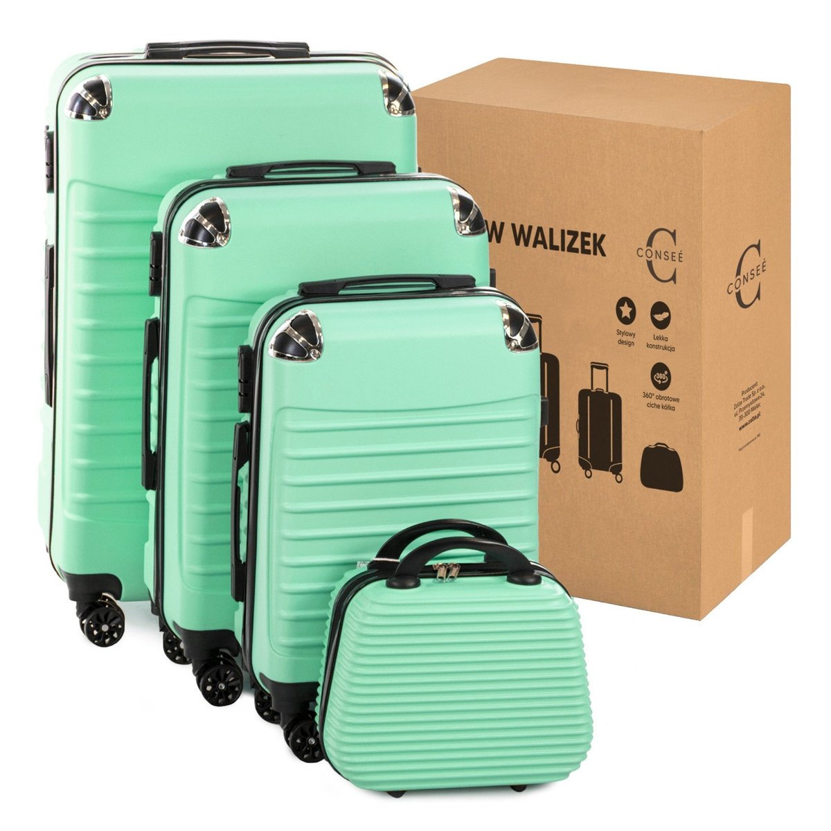 zestaw walizek podróżnych duża średnia kabinowa mała na kółkach 4w1 conseé miętowy