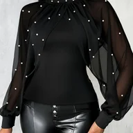 Bluzki damskie - TEMU Elegancka damska bluzka tunika z odkrytymi ramionami/po jednej ramieniu - Czerwona - Bluzka z długim rękawem i perłami - Formalne i codzienne - miniaturka - grafika 1