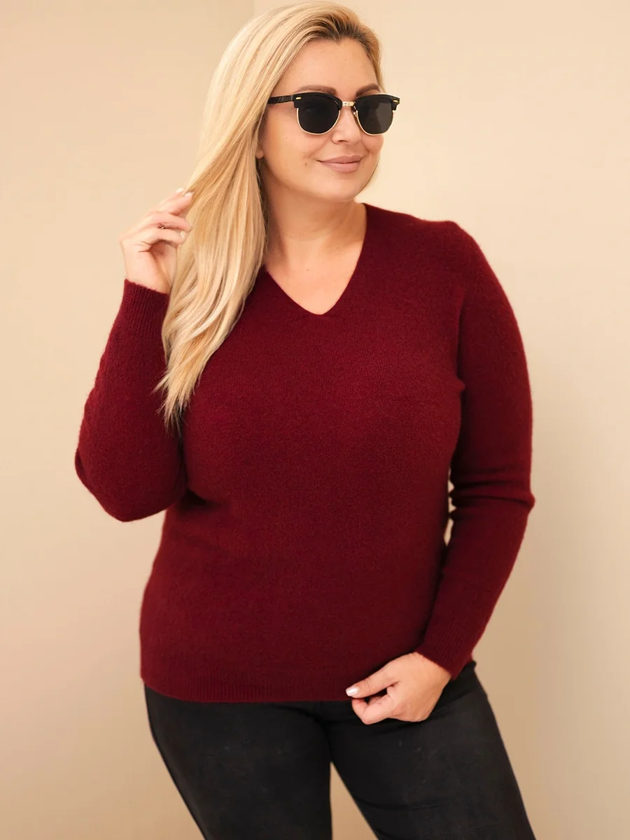 Sweter damski Plus Size z baby alpaki z długim rękawem bordowy
