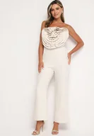 Kombinezony - Beżowy Kombinezon bez Rękawów z Dużą Kwiatową Aplikacją i Kieszeniami Talemia - miniaturka - grafika 1