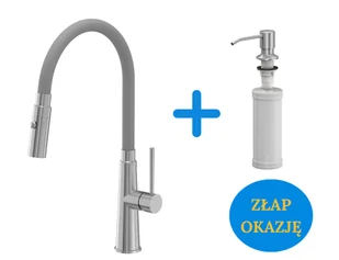 Quadron POP Bateria zlewozmywakowa stalowa GINA STEELQ z elastyczną szarą wylewką i funkcją prysznica plus dozownik okrągły do płynu KEIRA kolor stal szczotkowana - Baterie kuchenne - miniaturka - grafika 1