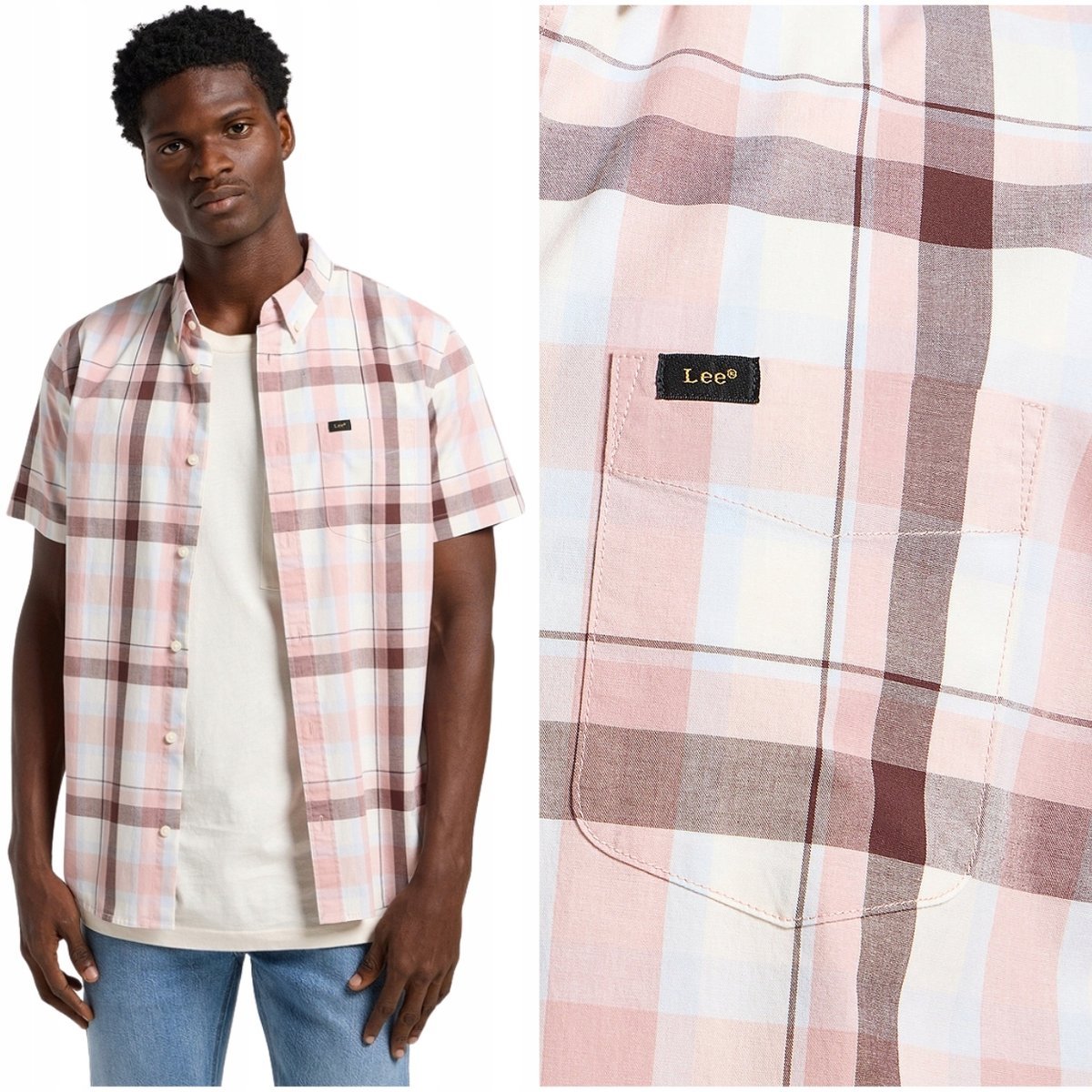 Lee BUTTON DOWN Rosa Aurora koszula bawełniana męska krótki rękaw REGULAR L