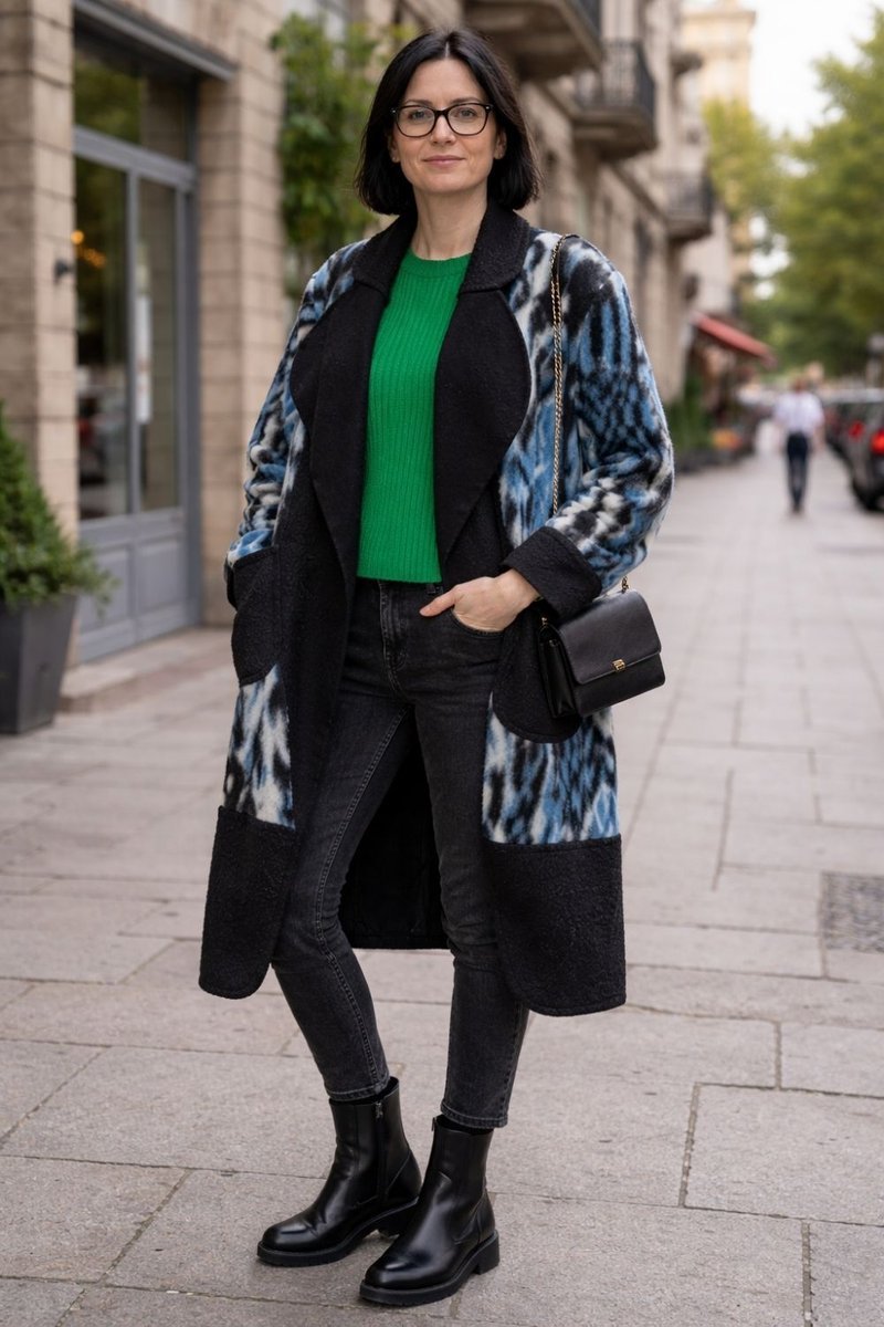 Płaszcz damski wełniany 80% WOOL włoski oversize turkusowy wzór Uni