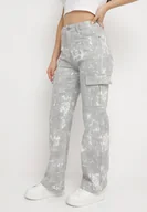 Spodnie damskie - Jasnoszare Jeansy z Szerokimi Nogawkami z Bielonym Wzorem i Wysokim Stanem Junikova - miniaturka - grafika 1