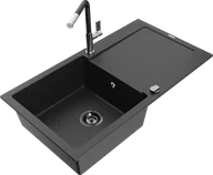Zlewozmywaki z baterią - Mexen Leo zlewozmywak granitowy 1-komorowy z ociekaczem i baterią kuchenną Flora, czarny/srebrny metalik - 6501-73-670401-07-B - miniaturka - grafika 1
