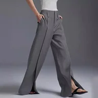 Spodnie damskie - Materiałowe spodnie damskie z rozcięciem - Szary - miniaturka - grafika 1