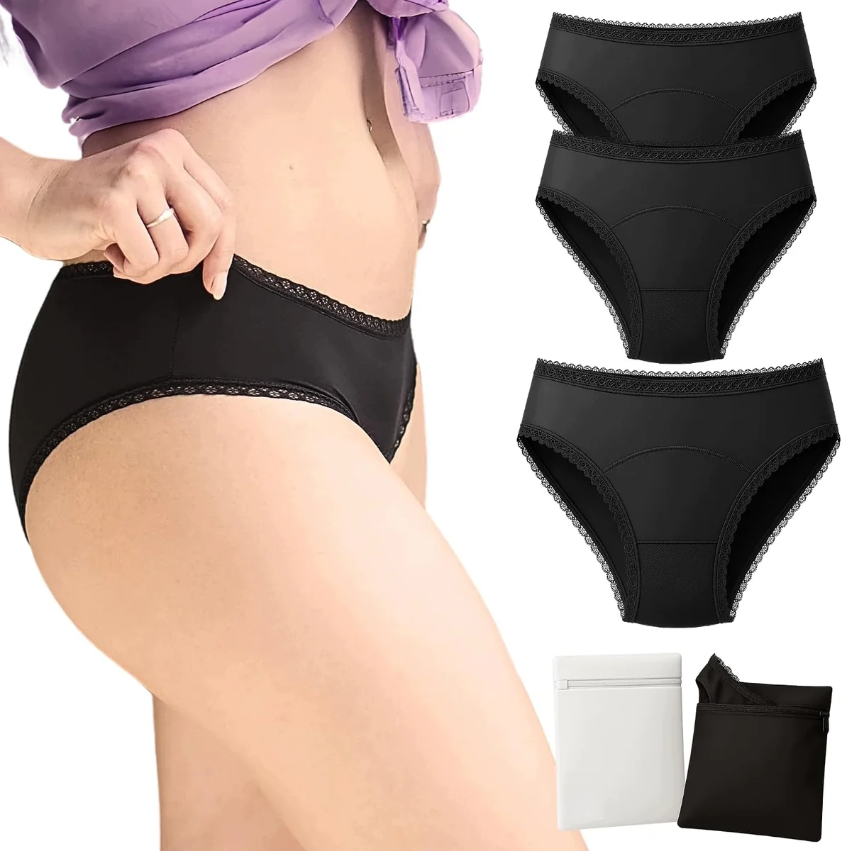 Majtki menstruacyjne EMMA 3-Pack XXS chłonne wielorazowe z koronką