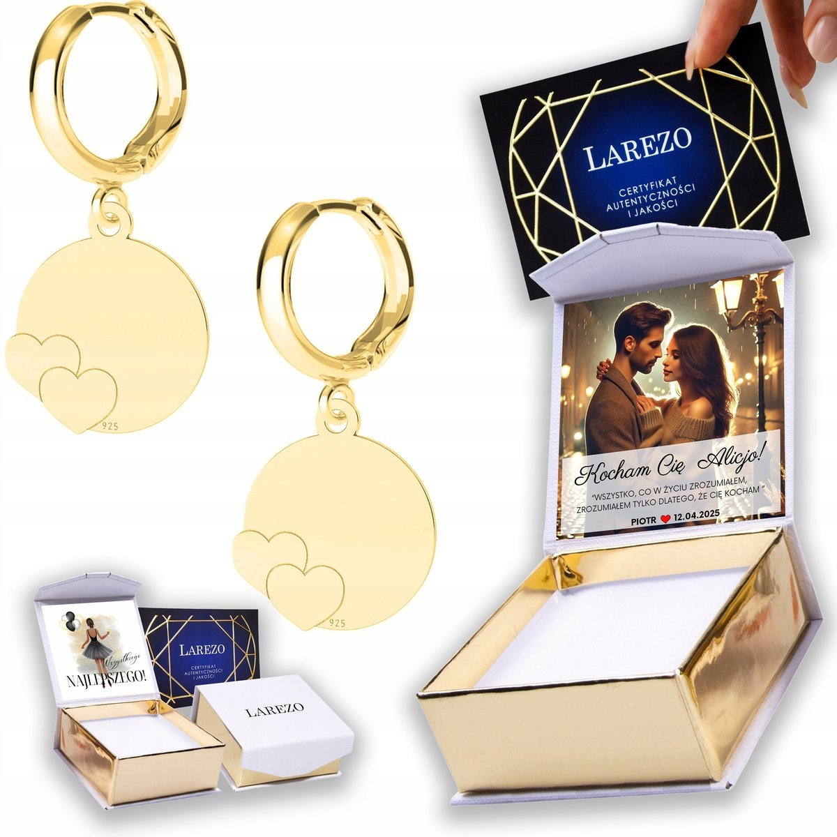 Złote Kolczyki 925 Blaszki z Serduszkami Blaszka Serca Serduszka NADRUK