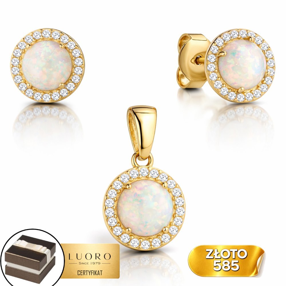 KOMPLET ZŁOTY 585 14K KOLCZYKI ZAWIESZKA OPAL CYRKONIE KÓŁKO 1,5 CM