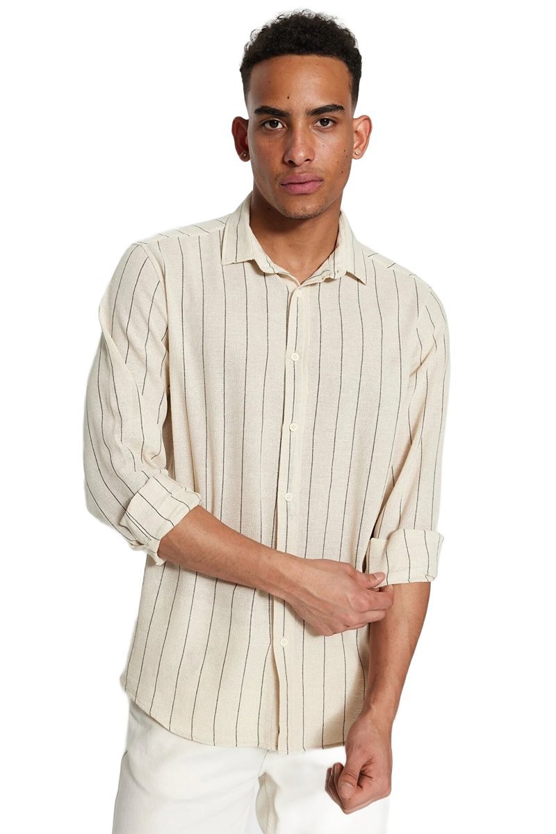 TRENDYOL MAN KOSZULA MĘSKA BEŻOWA W PASKI KLASYCZNY KOŁNIERZYK S 5DA