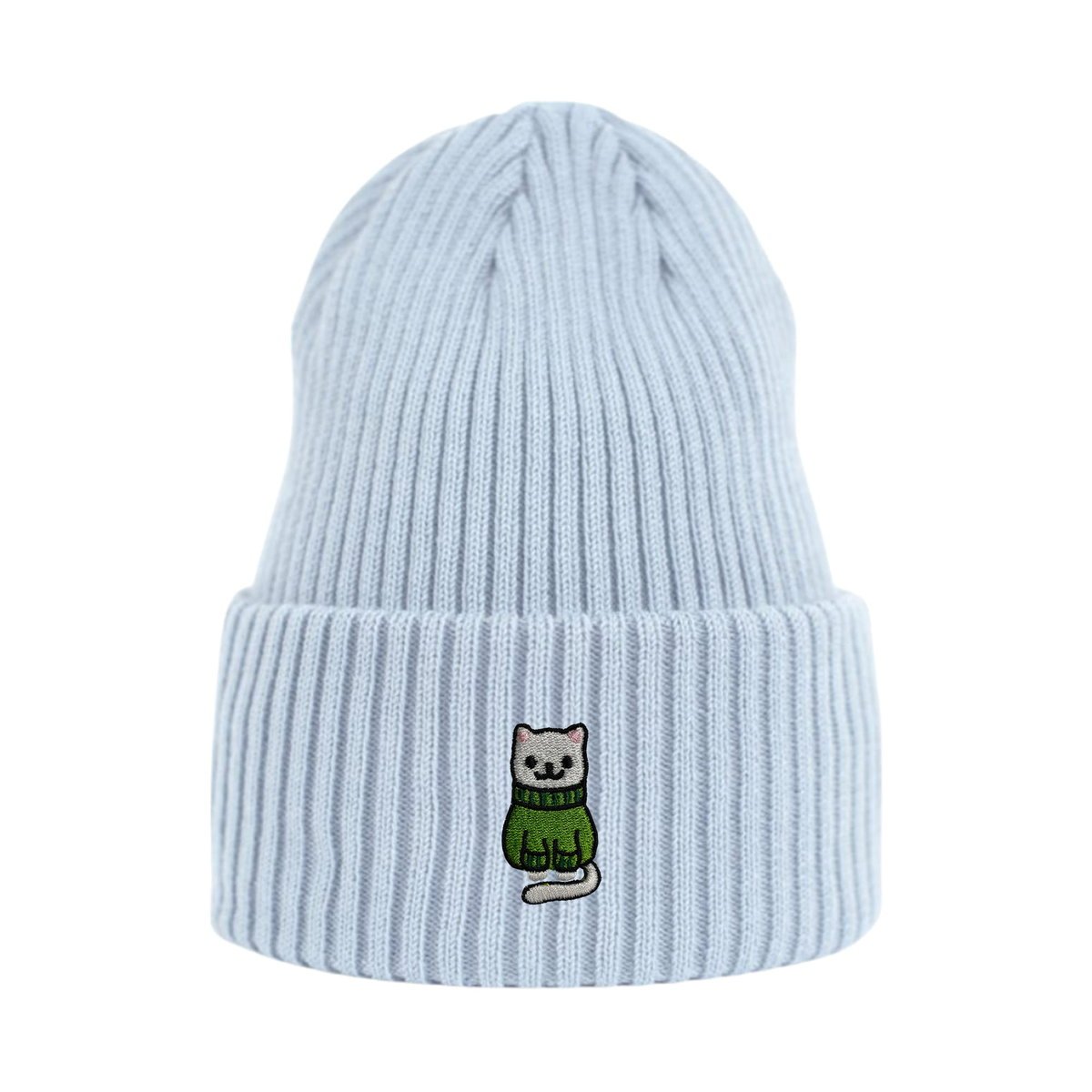 Haftowana czapka beanie - ZIMOWY BIAŁY KOTEK - jasnoniebieski