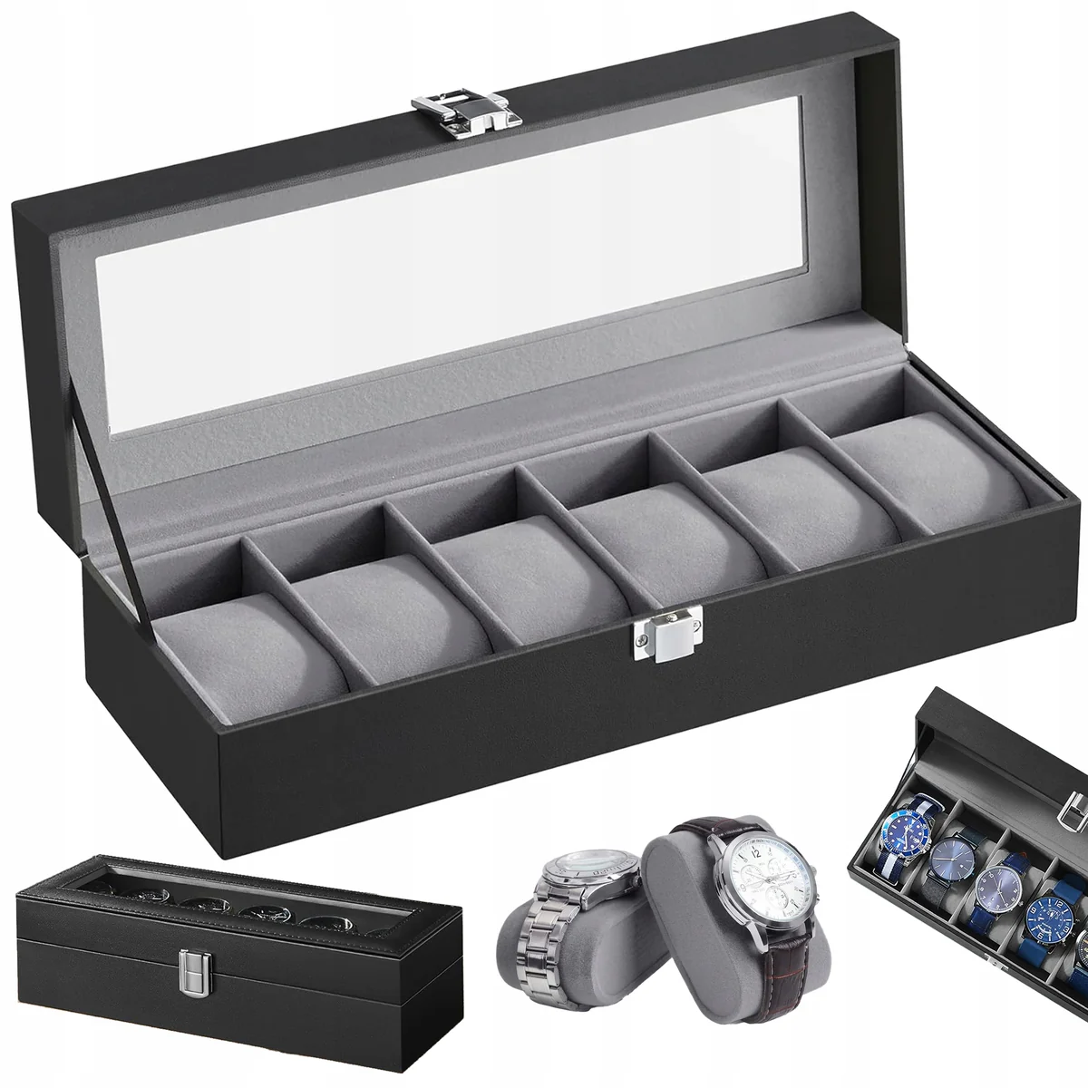 Pudełko na zegarki czarne szkatułka ETUI na zegarek 6szt Organizer Futerał / Songmics