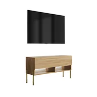 Szafki RTV - Szafka pod telewizor 100 cm Dąb Craft, nóżki proste złote, LED biały, 100 × 32 × 52 cm - miniaturka - grafika 1